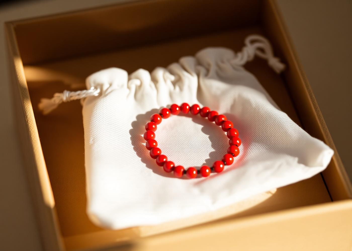 Enivie red bead bracelet resting on ivory tissue inside its gift pouch