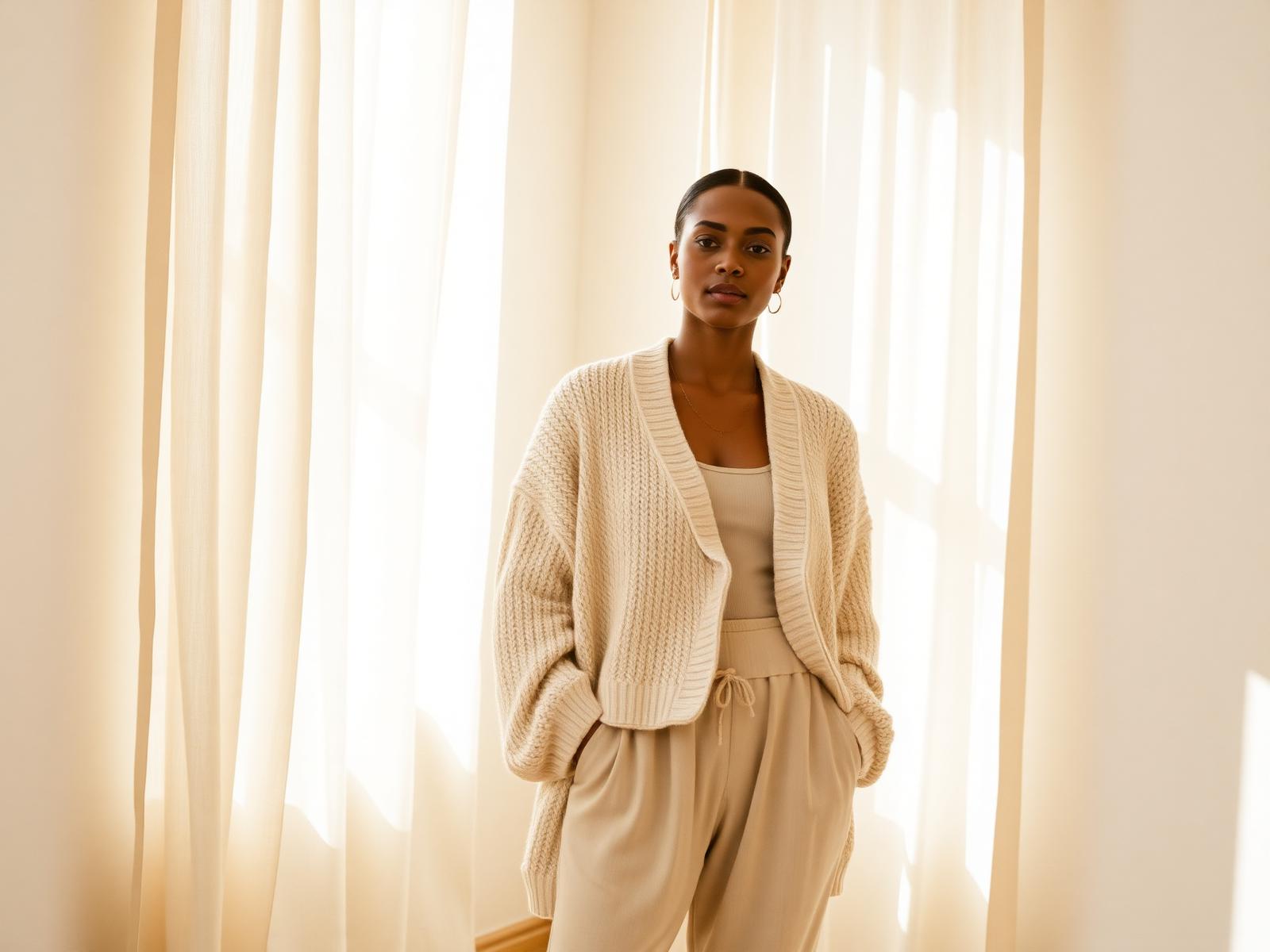 Woman wearing the Enivie Signature Cardigan in ivory knit