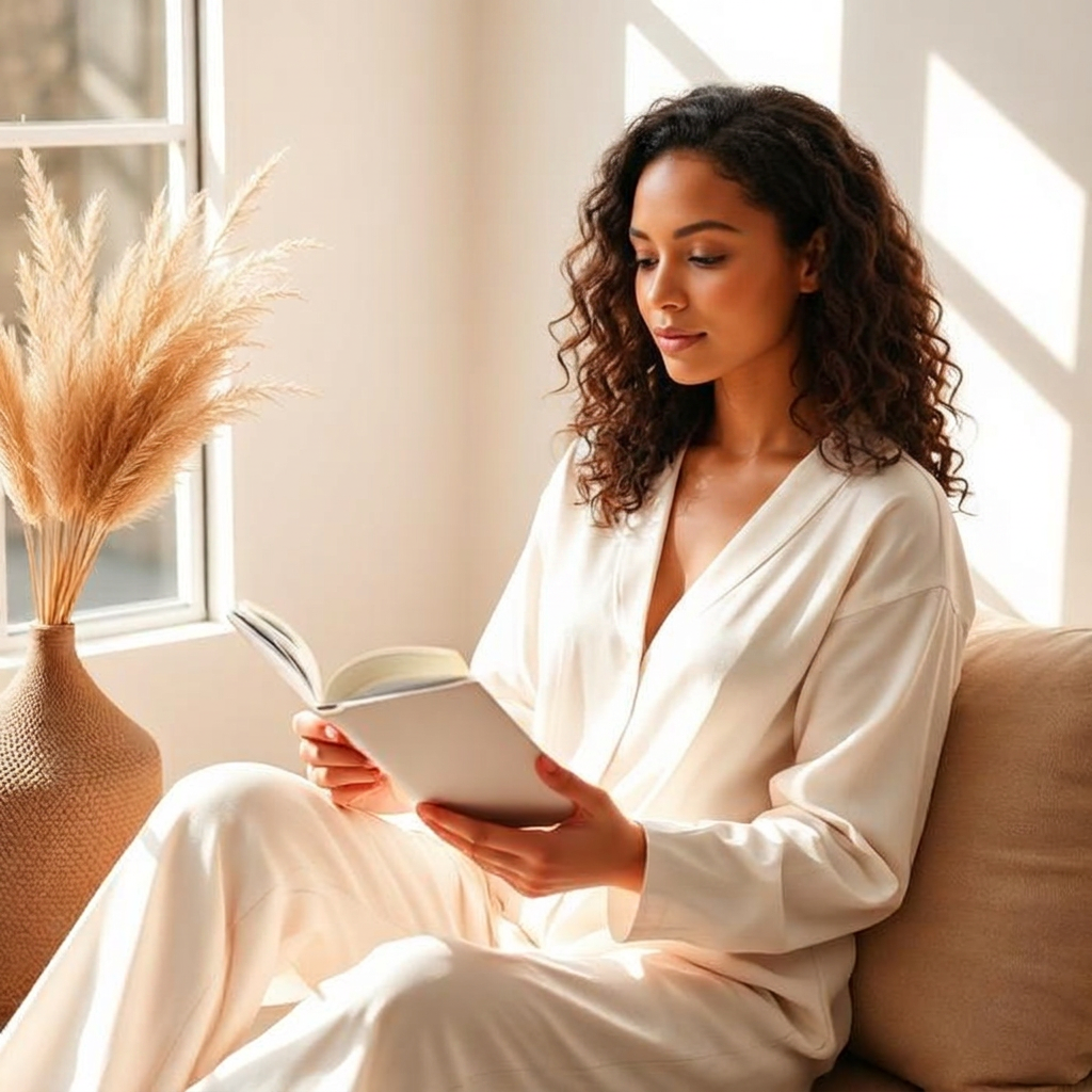 Model in cream bralette reading by a window at golden hour