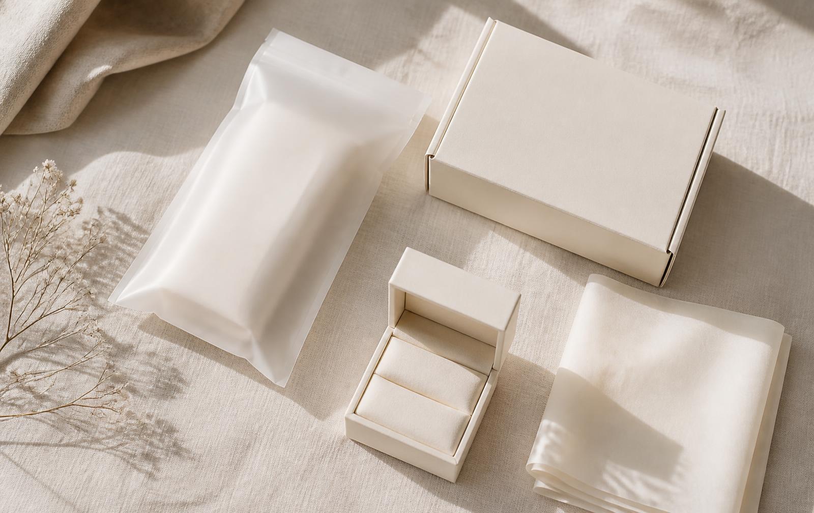 Enivie packaging: frosted pouch, ivory tissue, bracelet gift box and cream shipping box